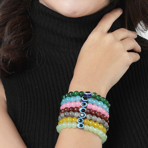 NVR Men & Women Set of 7 Crystals Beaded Evil Eye Elasticated Bracelet - Distacart