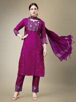 Thumbnail for Jyoti Fashion Women's Purple Cotton Blend Embroidery & Fancy Lace work Kurta with Trouser & Dupatta - Distacart