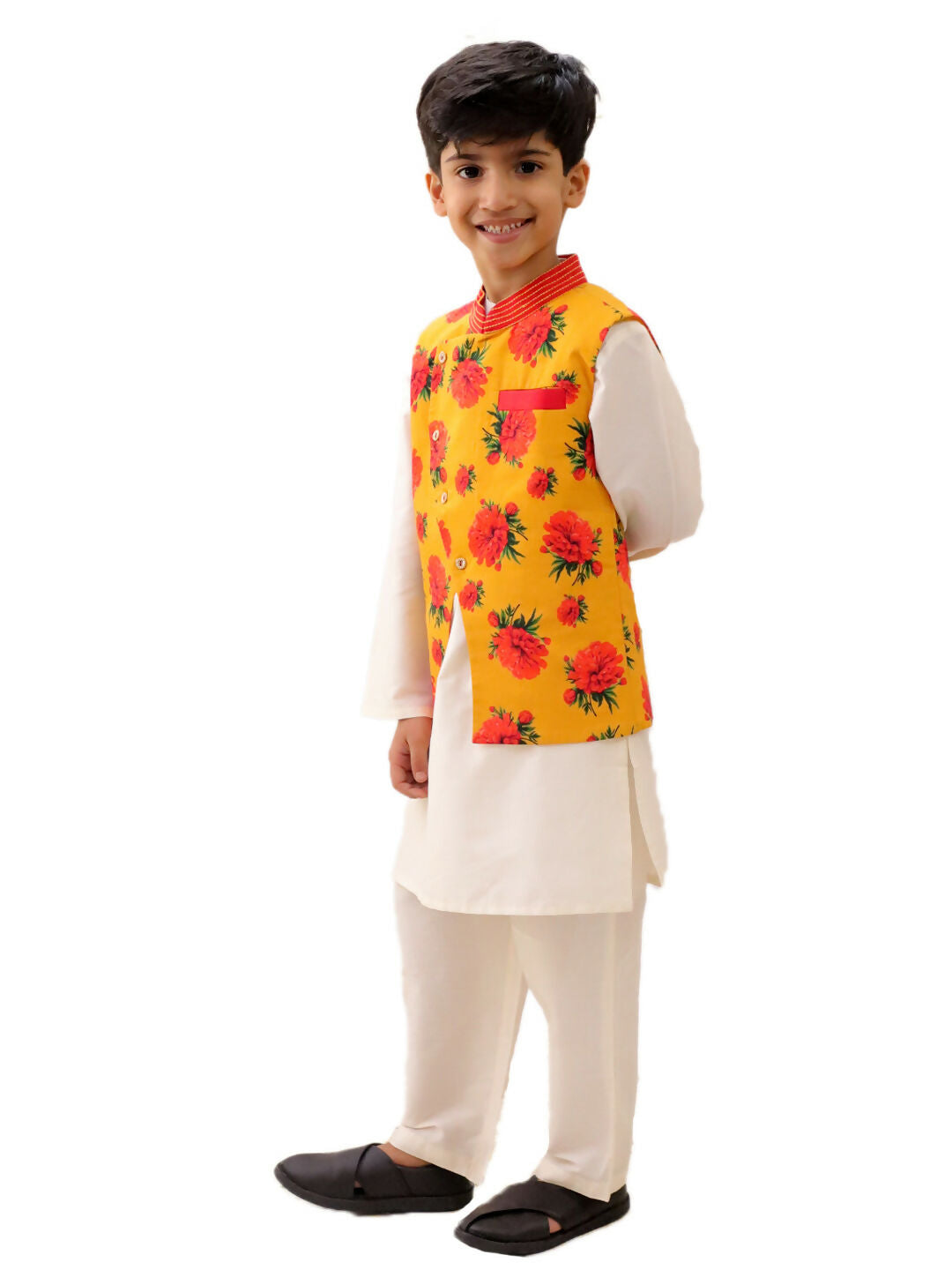 Lil Drama Genda Phool White Kurta and Pant with Mustard Jacket Set for Boys