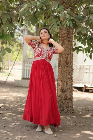 Aastha Fashion Women's Red Faux Blooming Embroidery Zari Sequins-work Gown - Distacart