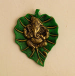 Thumbnail for eCraftIndia Metal Golden Lord Ganesha On Green Leaf Wall Hanging Sculpture - Distacart