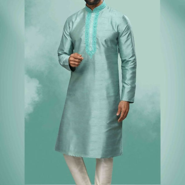 Raivat Ethnic Art Silk Mirror Embroidery Work Kurta Pajama In Sea Green Colour - Dista