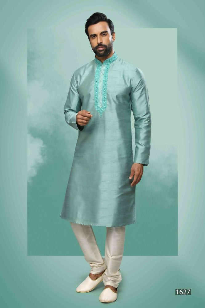 Raivat Ethnic Art Silk Mirror Embroidery Work Kurta Pajama In Sea Green Colour - Dista