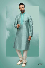Thumbnail for Raivat Ethnic Art Silk Mirror Embroidery Work Kurta Pajama In Sea Green Colour - Dista