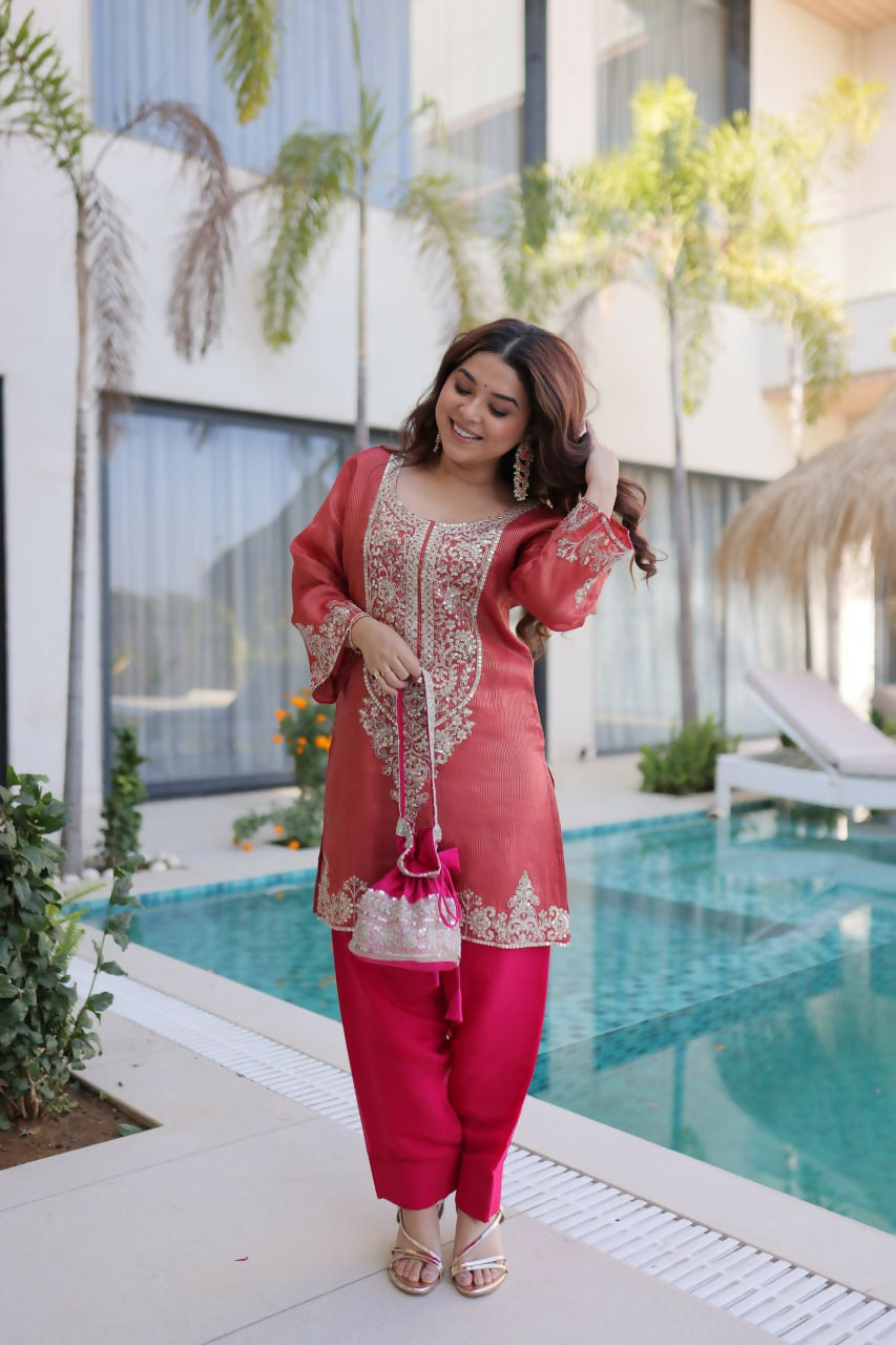 Teeya Creation Womens Wear Peach,Pink Color Viscose Fabric With Sequins & Coding Zari Embroidered Work Kurta Pant Set - Dista