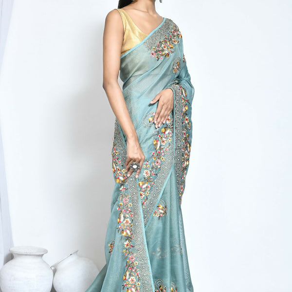 Blue Net Organza Silk Thread Emboidered with Stone Work Saree - Nimaya Benzy - Distacart