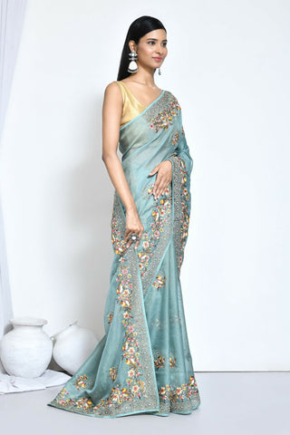 Blue Net Organza Silk Thread Emboidered with Stone Work Saree - Nimaya Benzy - Distacart