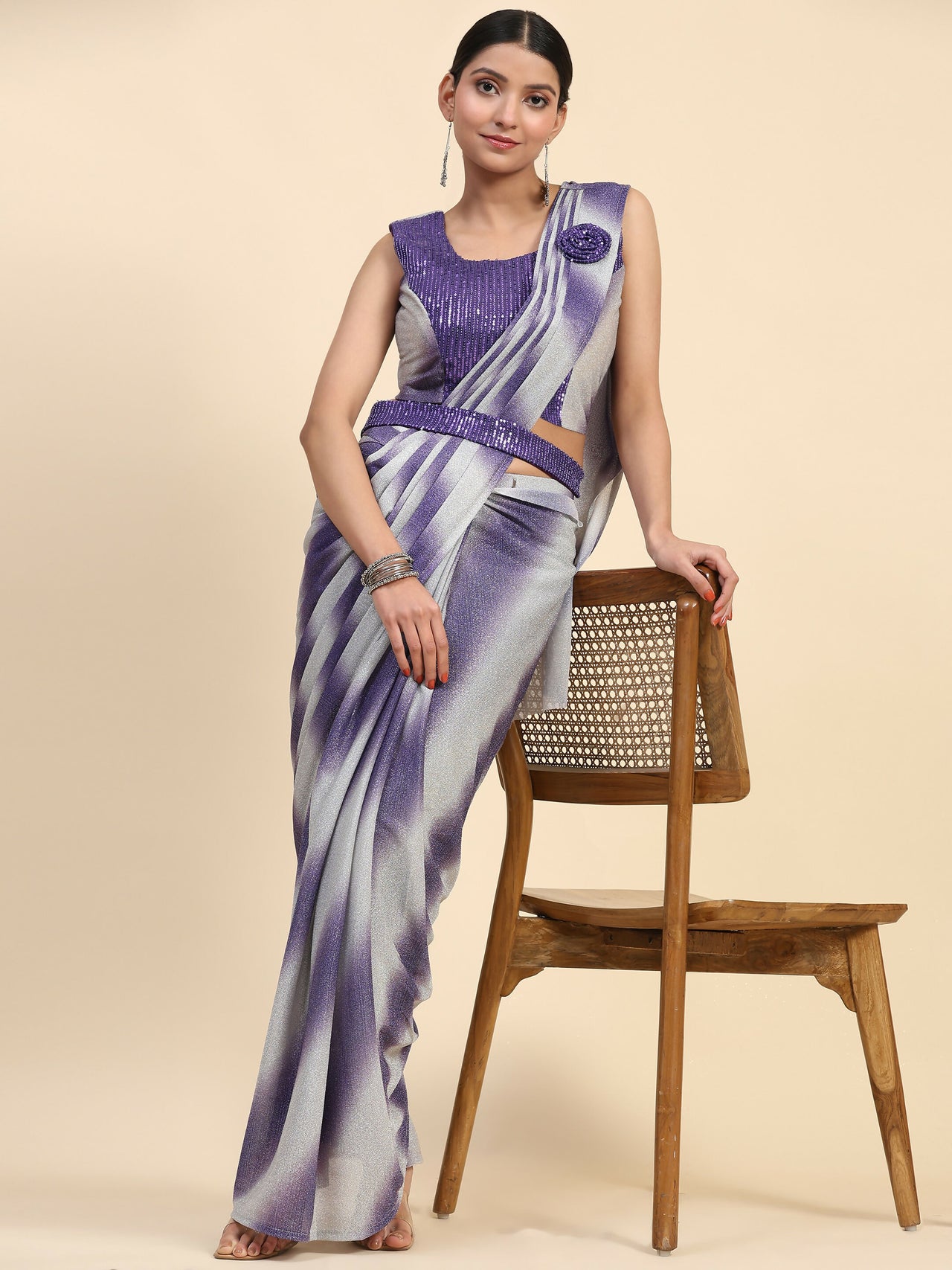 Purple Polyester Solid Ready to Wear Saree with stitched Blouse - Aayan - Distacart
