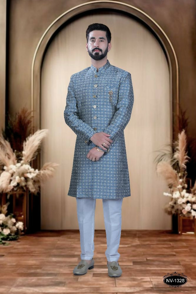 Joban Fashion Men's Blue Brocade Kurta with Pyjama - Distacart