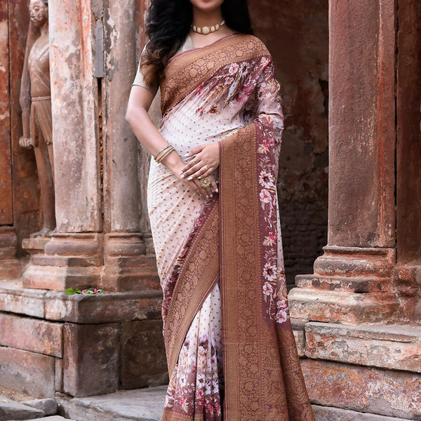 Joban Fashion Ivory And Dusty Rose Crepe Chiffon Pure Handloom Banarasi Silk Saree