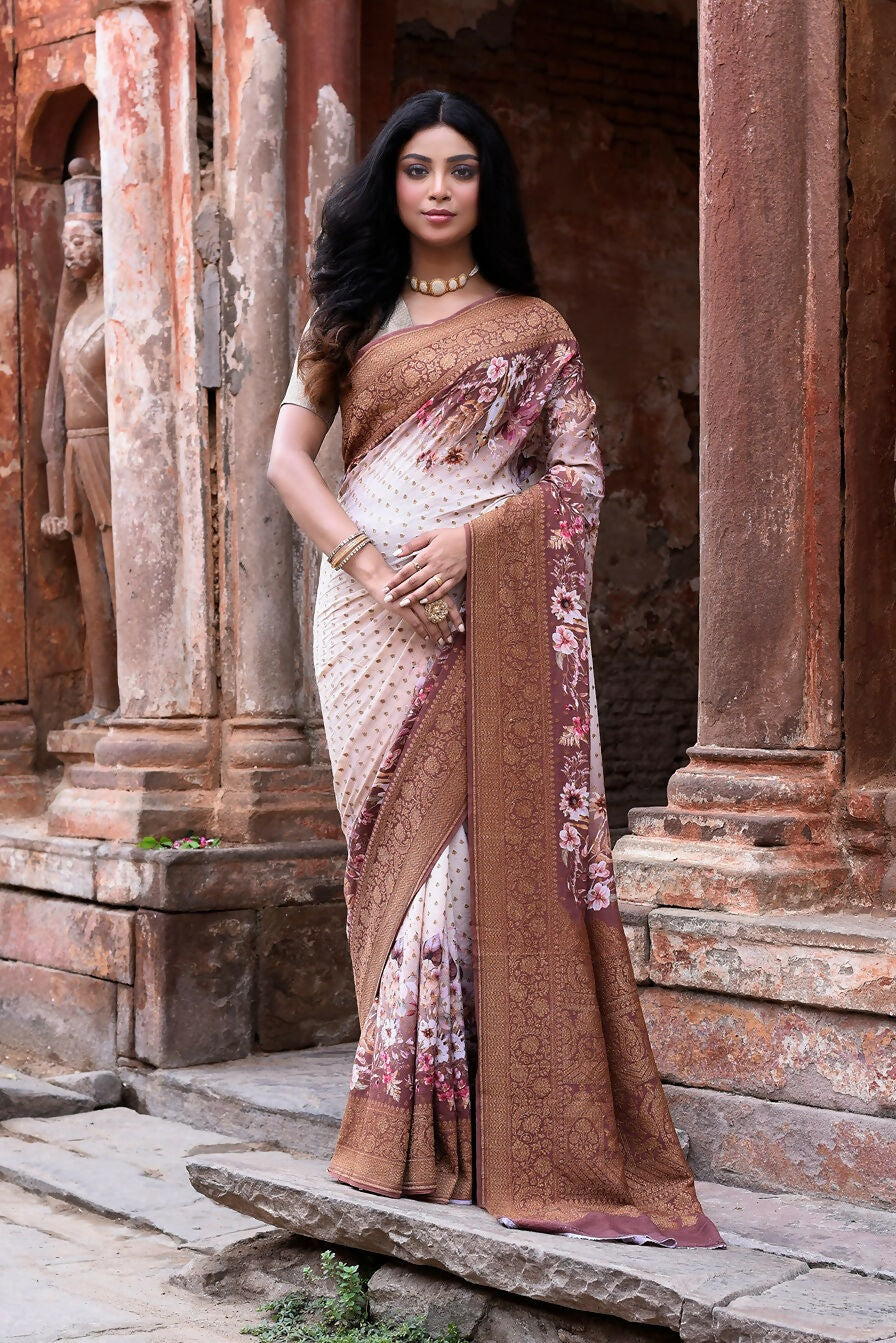 Joban Fashion Ivory And Dusty Rose Crepe Chiffon Pure Handloom Banarasi Silk Saree - Dista