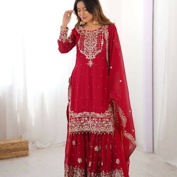 The52 Women's Beautiful Faux Georgette Fabric Embroidery Work Straight Kurt Sharara and Dupatta Set - Distacart