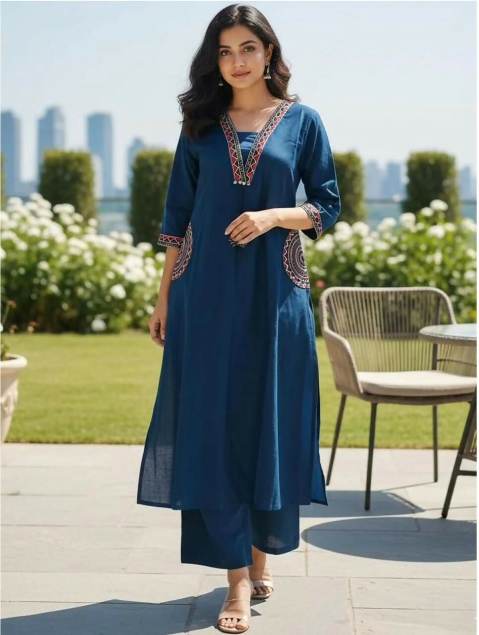 Miravan Womens Blue Straight Kurta With Palazzo Set - Dista