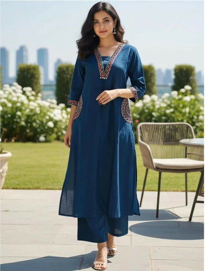 Miravan Womens Blue Straight Kurta With Palazzo Set - Dista