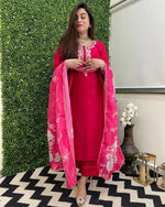 Thumbnail for The52 Rani Women's Beautiful Viscose Chanderi Fabric Embroidered Work Straight Kurta Pant and Dupatta Set - Distacart