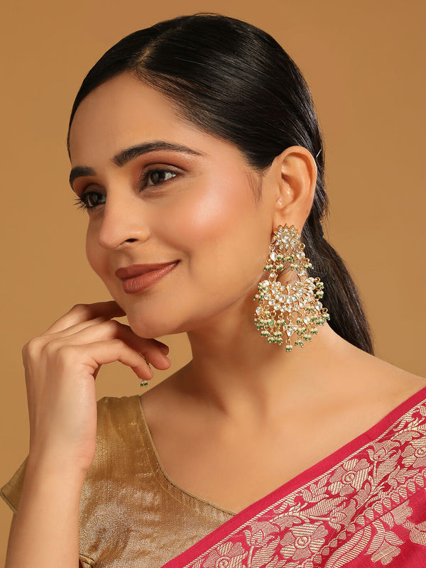 Nuyug 22K Gold-Plated Kundan & Pearl Studded Crescent Shaped Green Beads Chandbalis