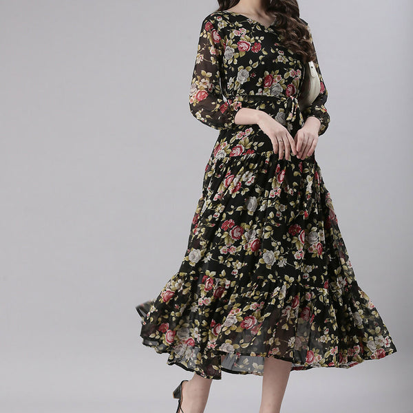 Souchii Black Floral Chiffon Dress