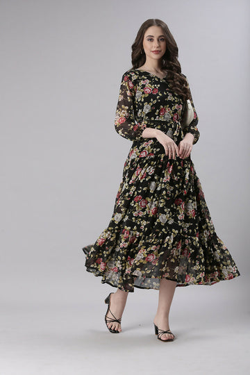 Souchii Black Floral Chiffon Dress - Dista