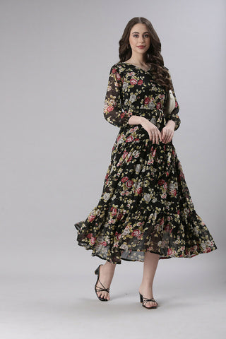 Souchii Black Floral Chiffon Dress