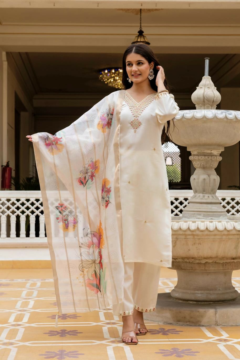 The52 White Women's Beautiful Viscose Chanderi Fabric Embroidered Work Straight Kurta Pant and Dupatta Set