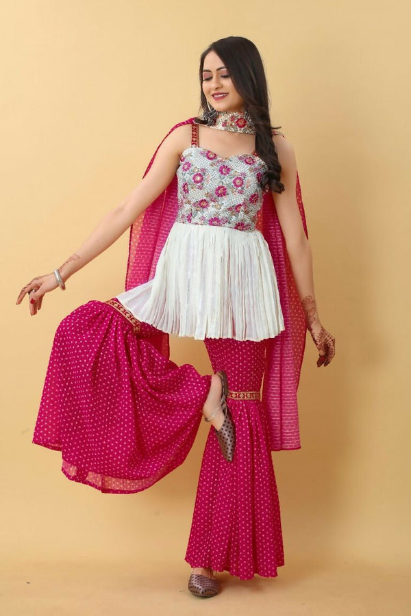 Aastha Fashion Women's Rani Pink Georgette Embroidery with Sequence work Party Wear Sharara Set - Distacart
