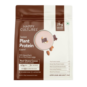 Happy Cultures 26g Tastiest Plant Protein| Chocolate, Almond Chunks & Ashwagandha - Dista
