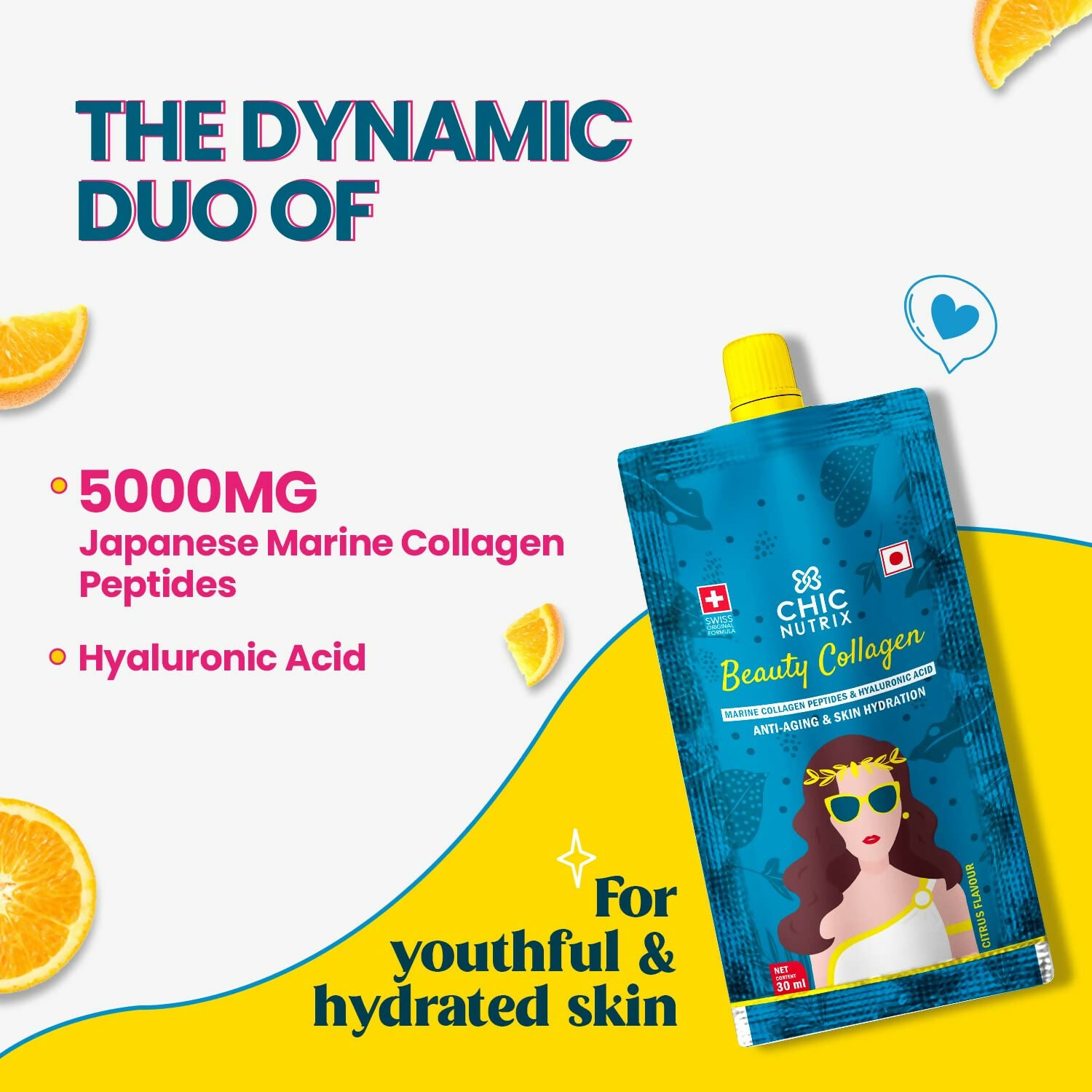 Chicnutrix Korean Beauty Collagen - Japanese Marine Collagen Peptides For Wrinkle free Skin and Anti aging - Citrus Flavour - Distacart