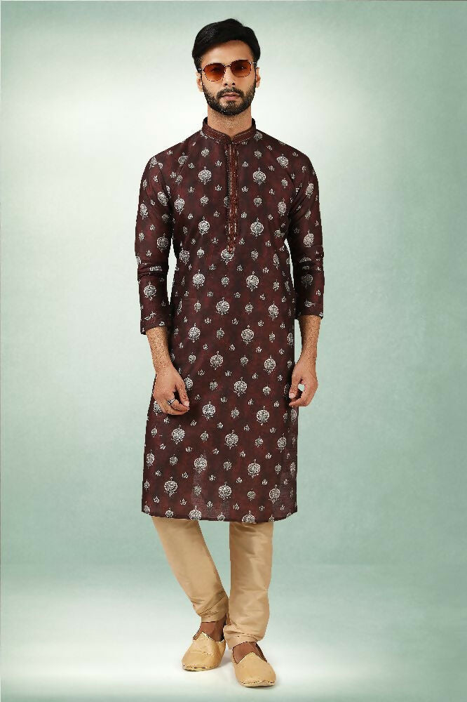 Raivat Ethnic Art Silk Printed Work Kurta Pajama In Brown Colour - Distacart