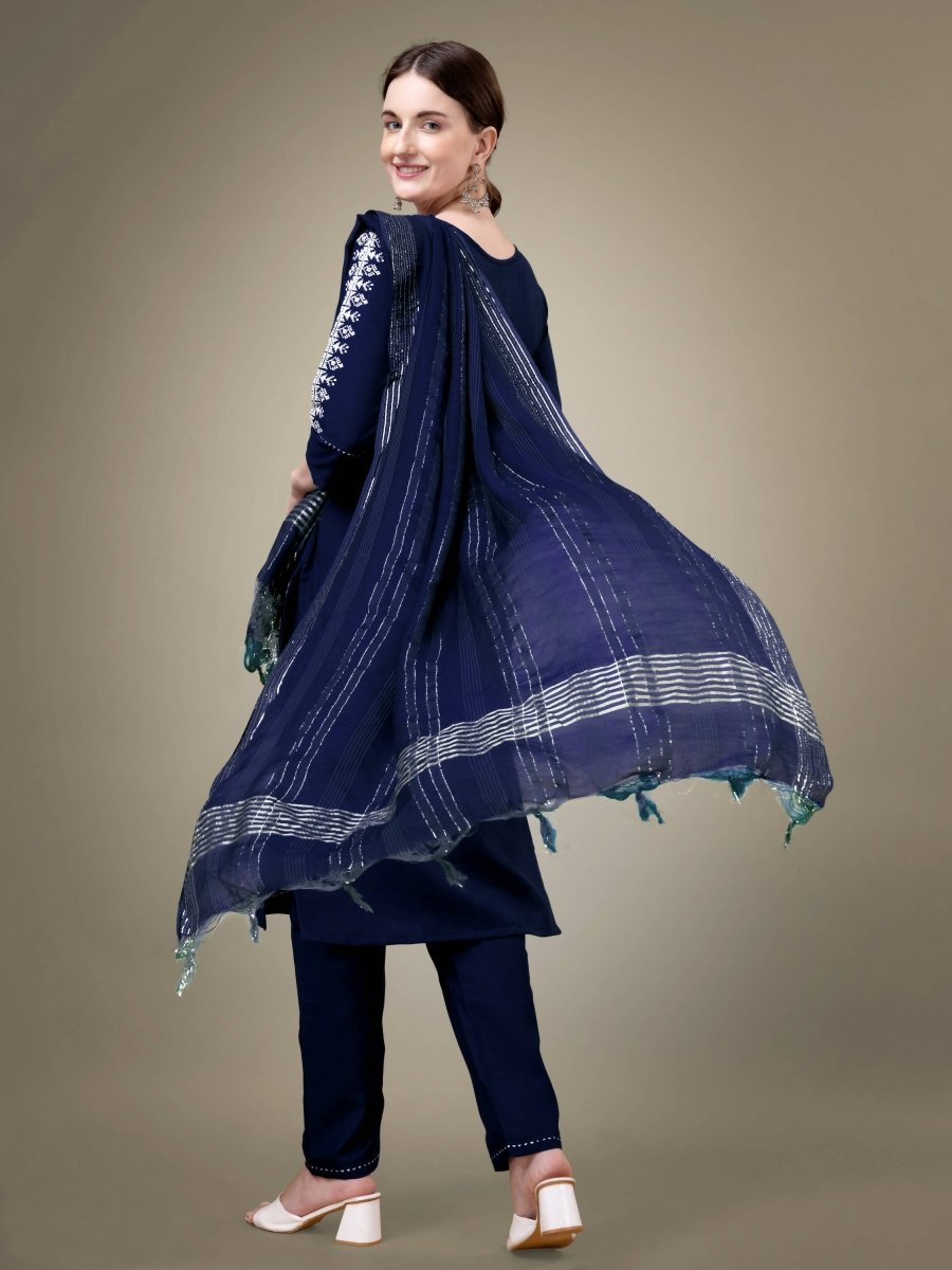 Aastha Fashion Women's Navy Blue Cotton Blend Embroidery & Sequence Work Kurta with Trouser & Dupatta - Distacart