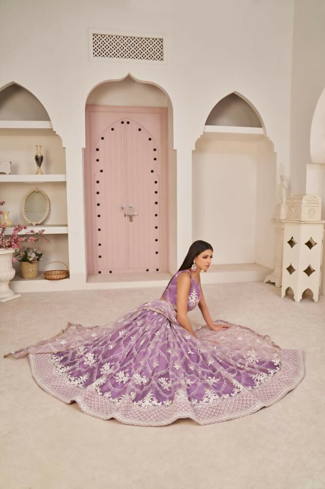 Aastha Fashion Lavender Butterfly Net White Cotton Thread Work, Zari Work And Sandwich Sequence Work Embroidery Wedding Wear Lehenga Choli - Distacart