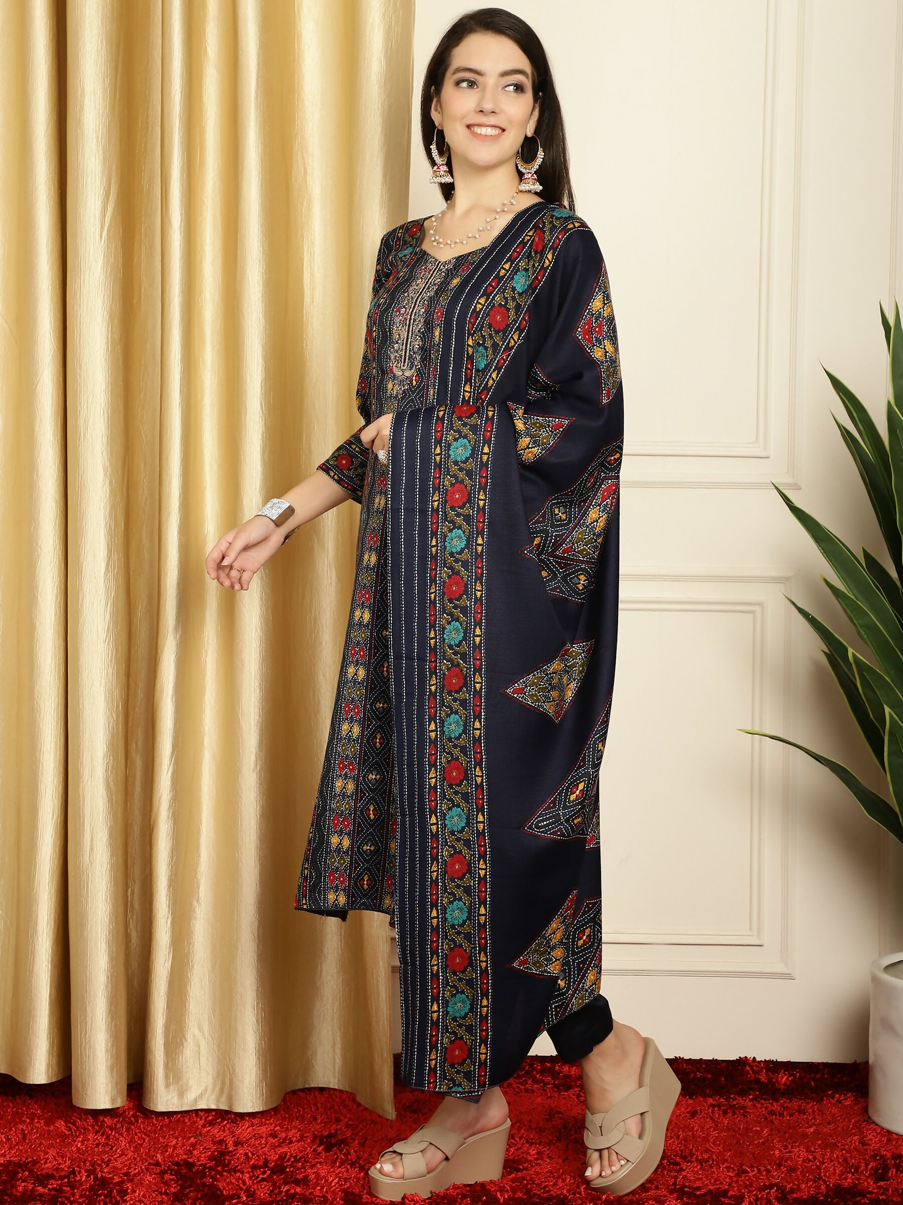 Jyoti Fashion Women's Navy Blue Pashmina Floral Digital Printed Kurta with Trouser & Dupatta - Distacart