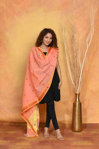 Thumbnail for Very Much Indian Handloom Pure Cotton Paithani Dupatta Orange - Distacart