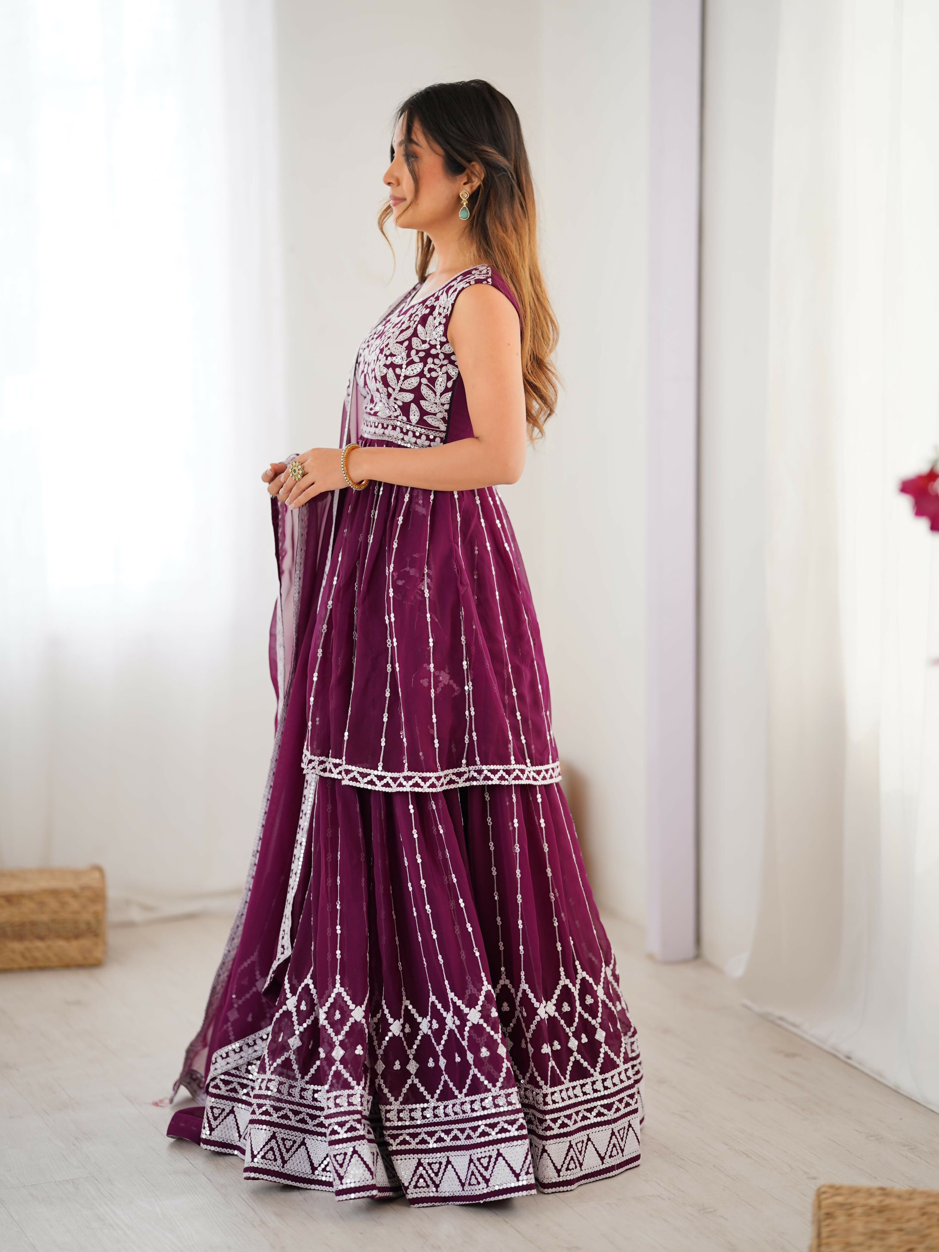 Joban Fashion wine Lehenga Georgette Coding Dori with Sequence with Rivet Moti