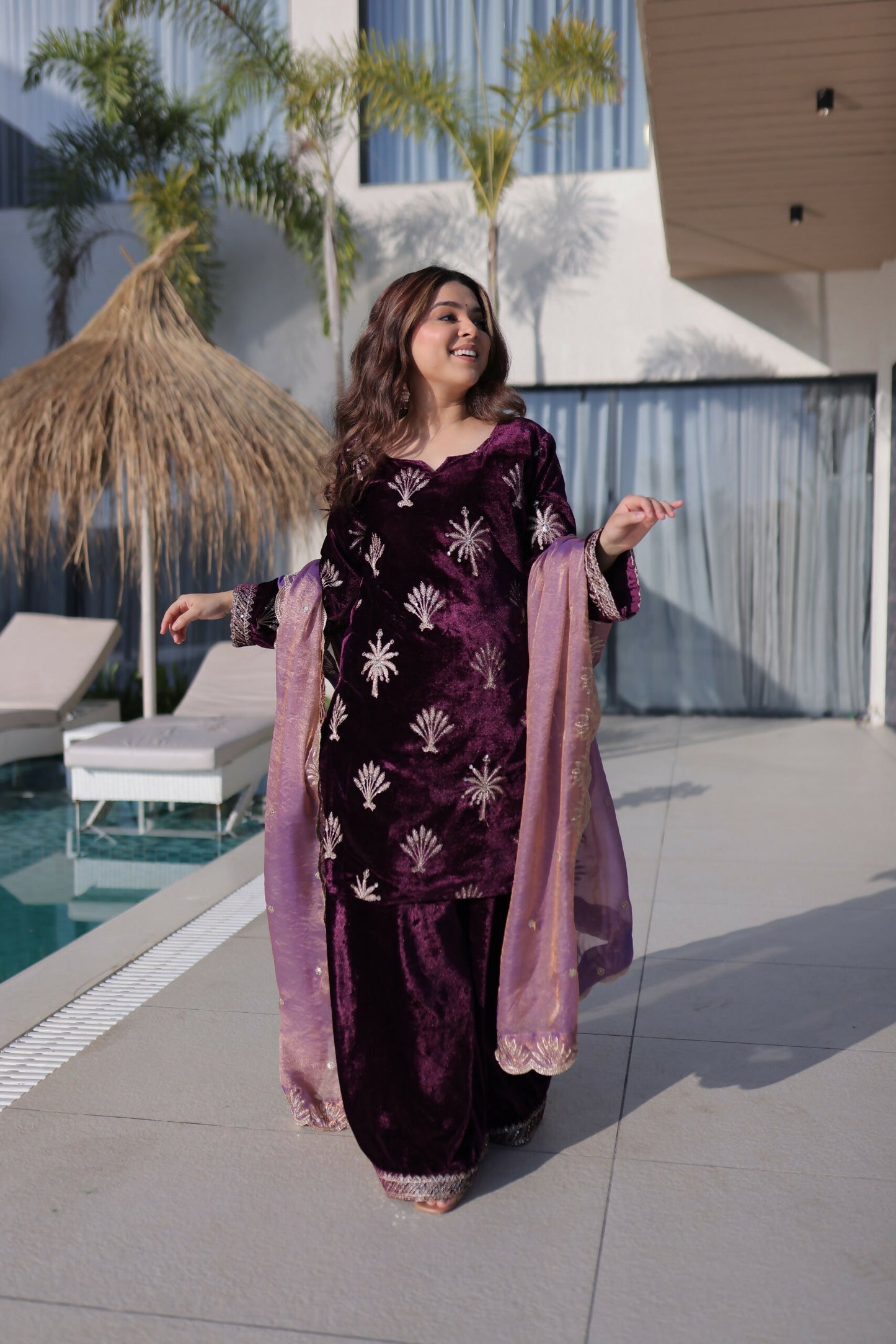 Joban Fashion Maroon Kurta Set Velvet Embroidery Sequence Work - Distacart