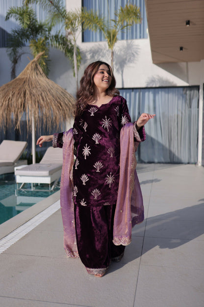Joban Fashion Maroon Kurta Set Velvet Embroidery Sequence Work - Distacart