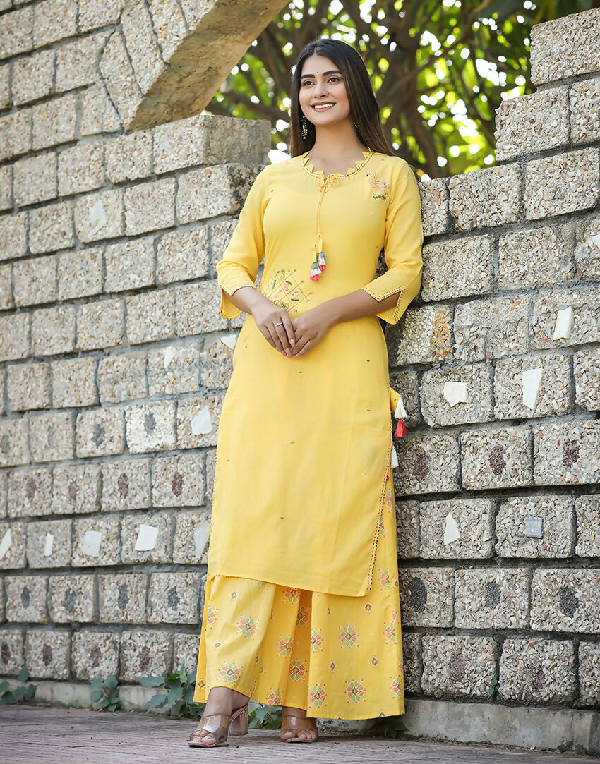 Kaajh Women's Yellow Embroidery Kurta Sharara Set - Distacart