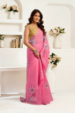 Thumbnail for Joban Fashion Baby Pink Geomatric Linen Ready To Wear Saree With Unstitched Blouse - Distacart