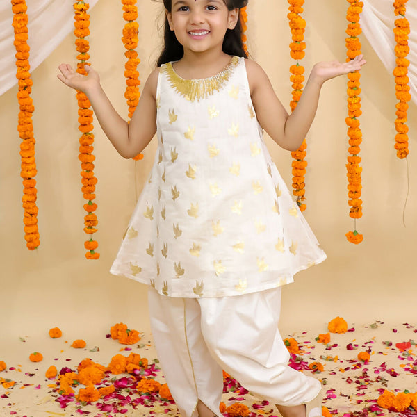 Lil Drama Mishti Off White Kurta and Dhoti Set For Girls
