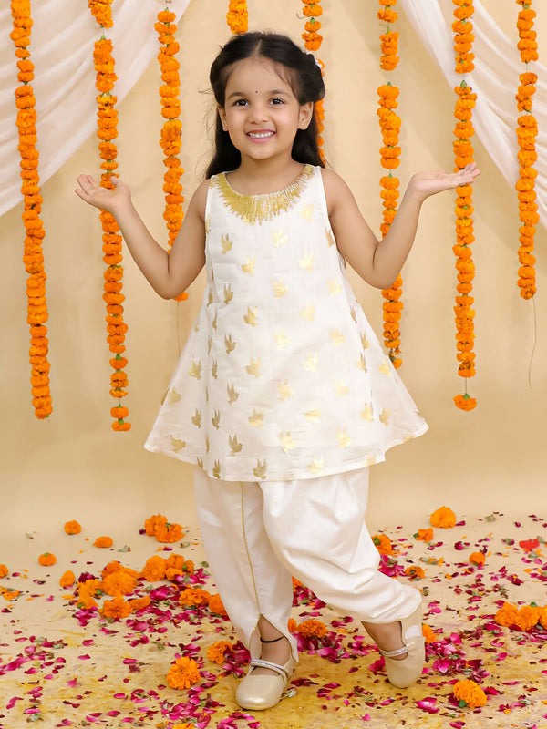 Lil Drama Mishti Off White Kurta and Dhoti Set For Girls