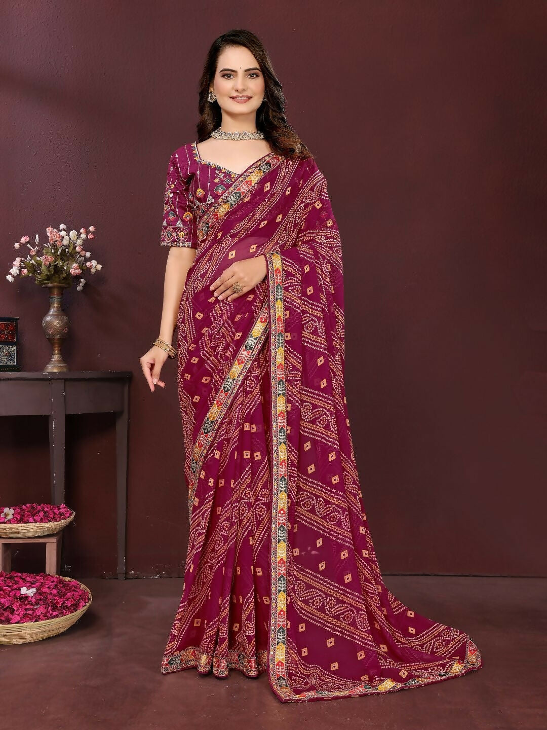 Ai Fashion Wine Georgette Digital Print Party Wear Saree