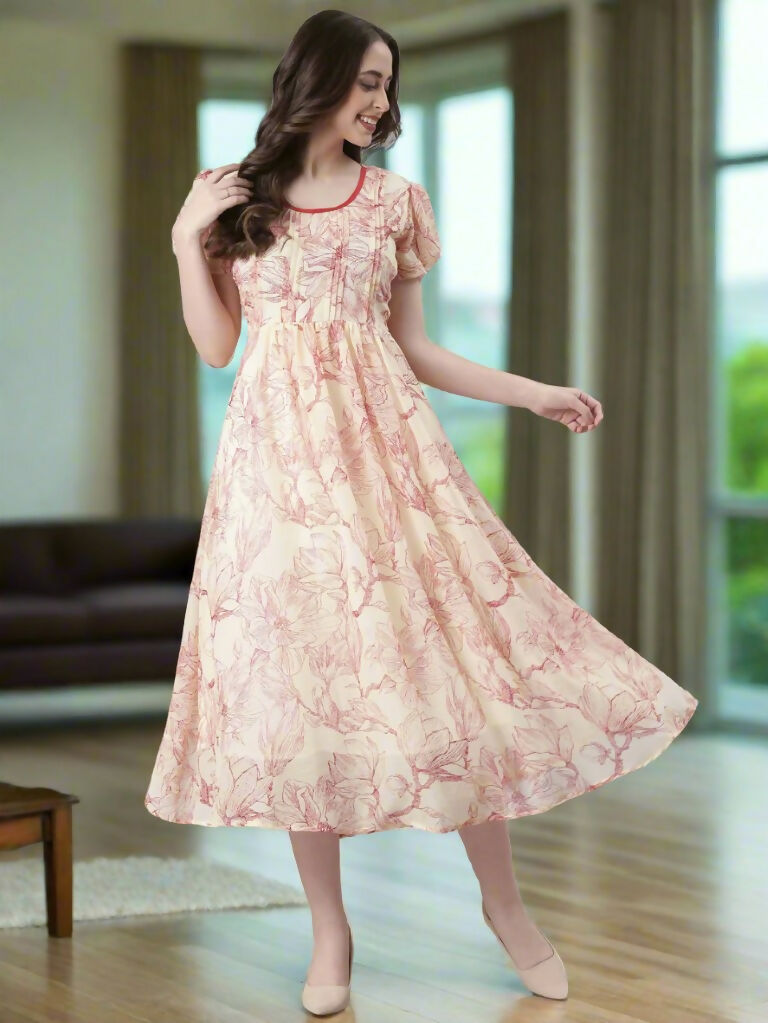 Souchii Cream & Red Floral Printed Fit & Flare Dress