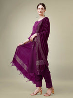 Thumbnail for Jyoti Fashion Women's Purple Cotton Blend Embroidery & Sequence work Kurta with Trouser & Dupatta - Distacart
