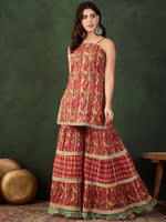 Thumbnail for Sangria Printed Straight Kurta Sharara With Jacket Set
