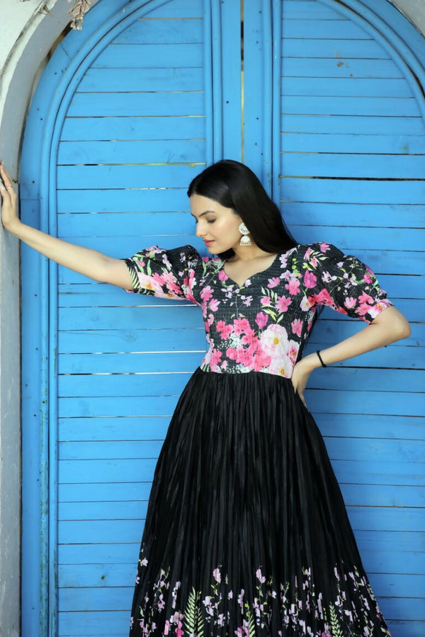 Jyoti Fashion Women's Black Floral Digital Printed Chinon Anarkali Dress - Distacart