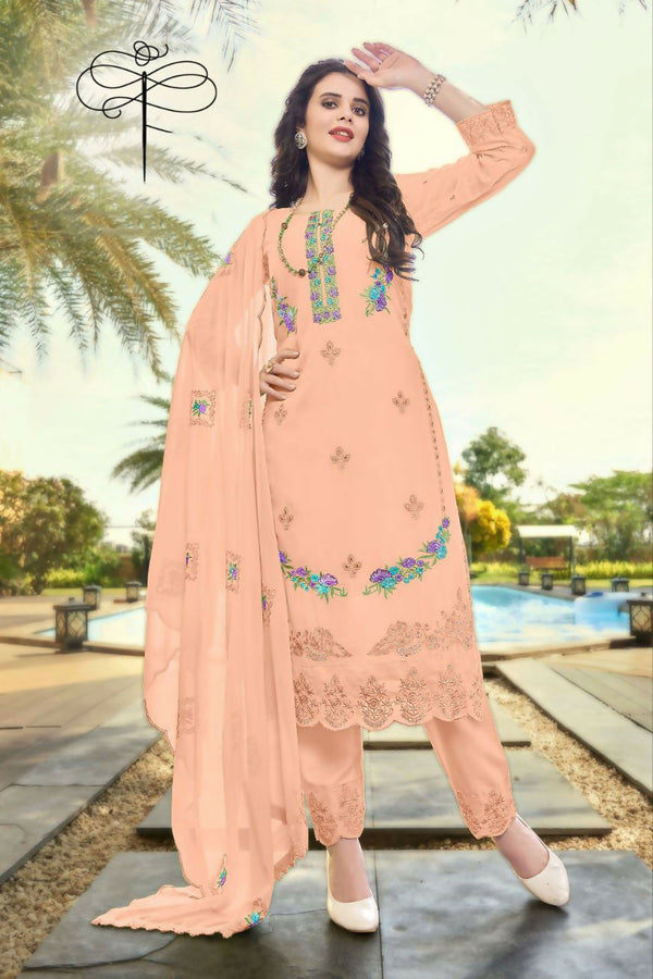 Jyoti Fashion Women's Peach Faux Georgette Heavy Embroidery and Moti Work Kurta Set - Distacart