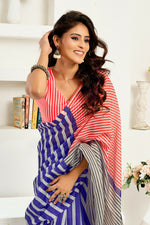 Thumbnail for Vastranavya Royal Blue Digital Printed Linen Ready To Wear Designer Saree with Unstitched Blouse - Distacart