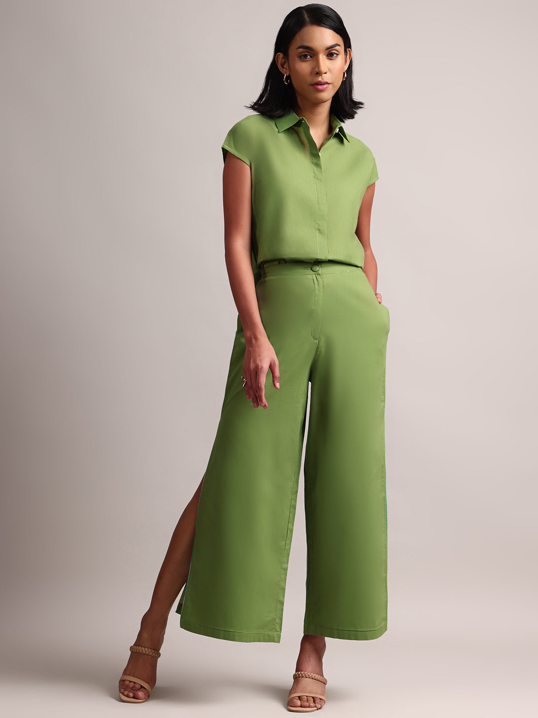 Zaccai Women's Green Cambric Solid Co-Ords - Distacart