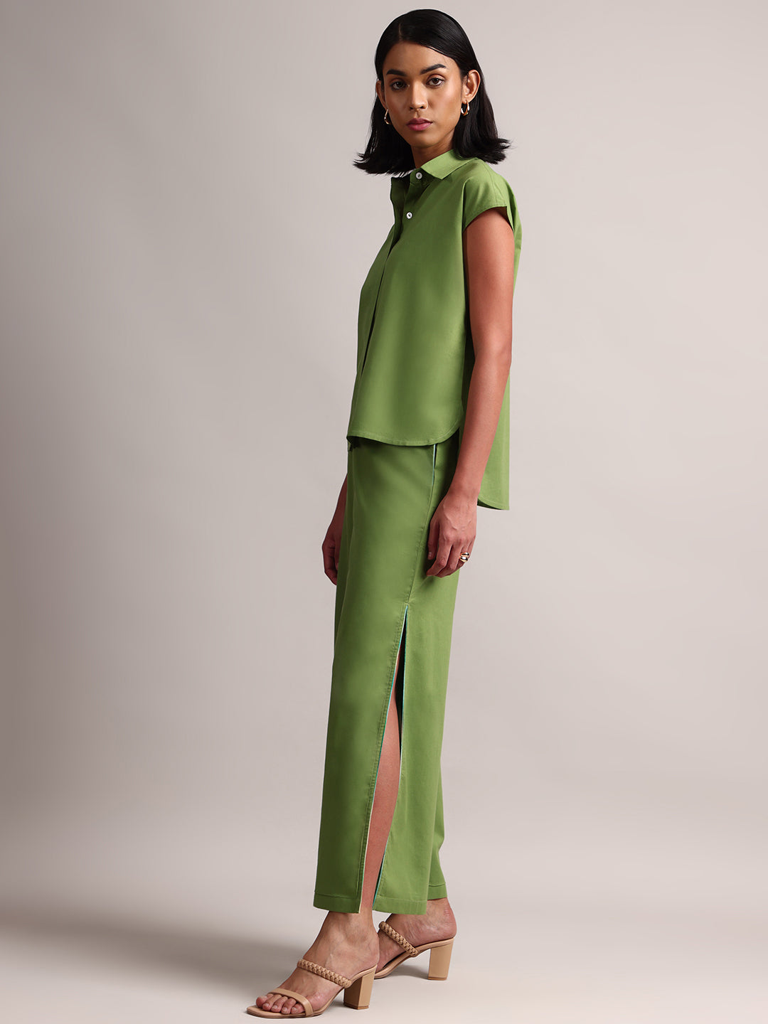 Zaccai Women's Green Cambric Solid Co-Ords - Distacart