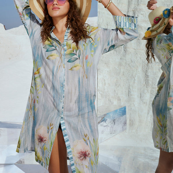 Zaccai Women's Blue Linen Floral Dress - Distacart