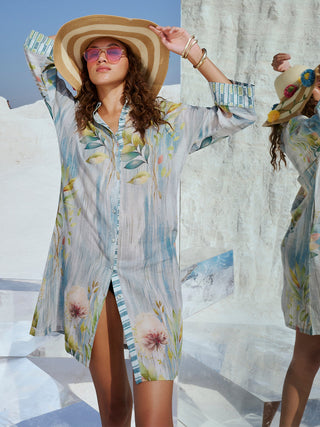 Zaccai Women's Blue Linen Floral Dress - Distacart